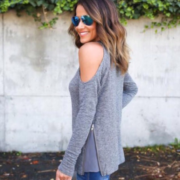 LAST ONE Large Gray Cold Shoulder Casual Top - Picture 5 of 7